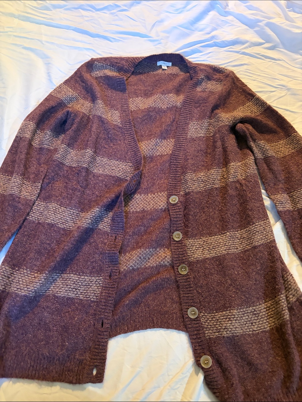 Caslon Plum and Taupe Striped Button-Front Cardigan